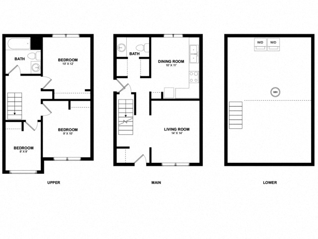 Floor plan for 3 beds, 1.5 baths, 989 sqft